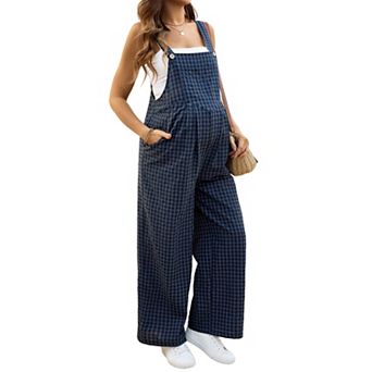 Women's Maternity Gingham Wide Leg Overalls Adjustable Strap Casual Pregnancy Jumpsuit with Pocket