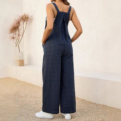 Women's Maternity Gingham Wide Leg Overalls Adjustable Strap Casual Pregnancy Jumpsuit with Pocket
