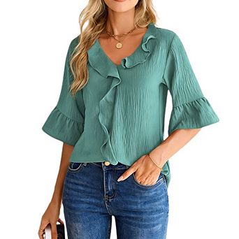 Womens 3/4 Sleeve Ruffle Sleeves Blouses Dressy Casual Business Work Office Shirt