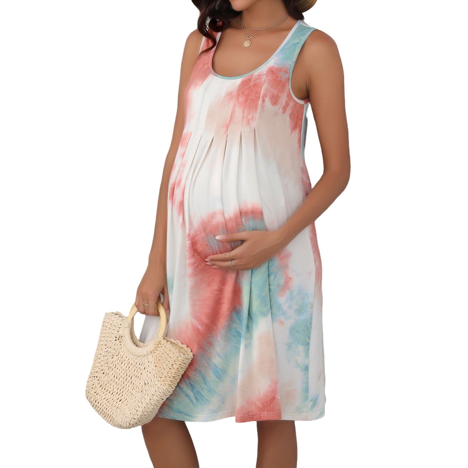 Женские платья Maternity Tie Dye Sleeveless Dress Pleated Front Loose Fit Casual Summer Dress
