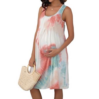 Women's Maternity Tie Dye Sleeveless Dress Pleated Front Loose Fit Casual Summer Dress