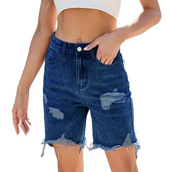 Womens High Waist Distress Denim Shorts Washed Fray Hem Jean Bermuda Shorts with Pockets