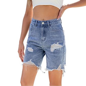Womens High Waist Distress Denim Shorts Washed Fray Hem Jean Bermuda Shorts with Pockets