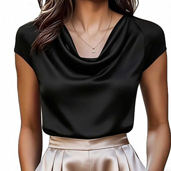 Women's Draped Neck Short Sleeve Top, Casual Lightweight Flowy Blouse for Everyday Wear