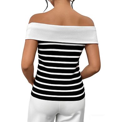 Women's Off Shoulder Sleeveless Knit Top Striped Front Button Fitted Ribbed Blouse