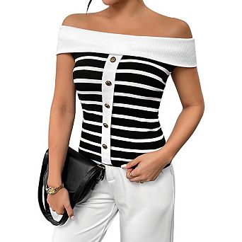 Women's Off Shoulder Sleeveless Knit Top Striped Front Button Fitted Ribbed Blouse