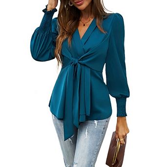 Women's Dressy Causal Satin Wrap Blouse Elegant V Neck Long Sleeves Tie Front Tops