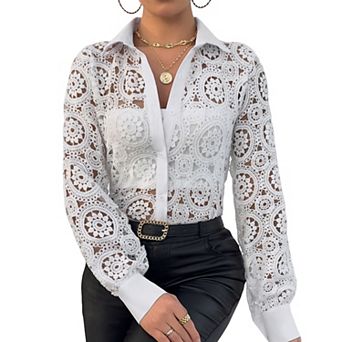 Women's Summer Hollow Out Crochet Lace Jacket Button Down Shirt Casual Long Sleeve Collared Blouse