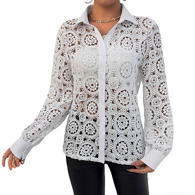 Women's Summer Hollow Out Crochet Lace Jacket Button Down Shirt Casual Long Sleeve Collared Blouse