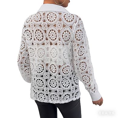 Women's Summer Hollow Out Crochet Lace Jacket Button Down Shirt Casual Long Sleeve Collared Blouse