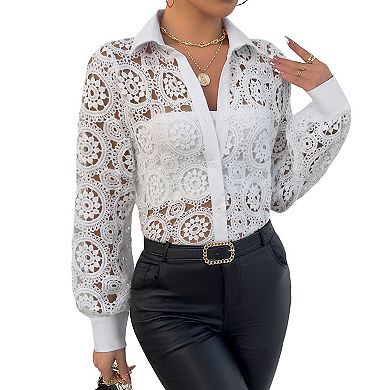 Women's Summer Hollow Out Crochet Lace Jacket Button Down Shirt Casual Long Sleeve Collared Blouse