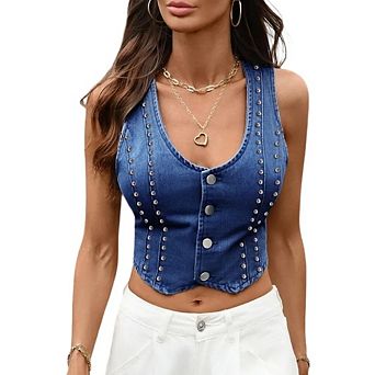 Women's Going Out Denim Vest Sleeveless Button Up V Neck Y2k Crop Tops