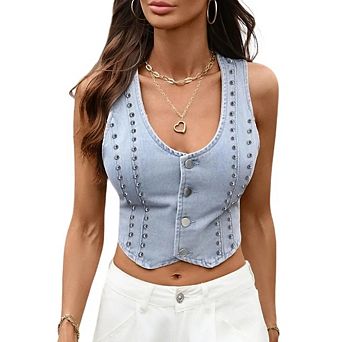 Women's Going Out Denim Vest Sleeveless Button Up V Neck Y2k Crop Tops