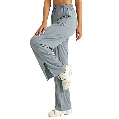 Women's Wide Leg Drawstring Active Pants with Side Slits - Lightweight Flowy Lounge Pants
