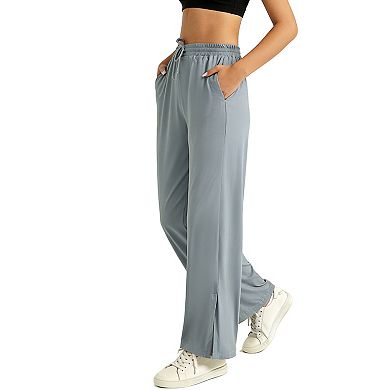 Women's Wide Leg Drawstring Active Pants with Side Slits - Lightweight Flowy Lounge Pants