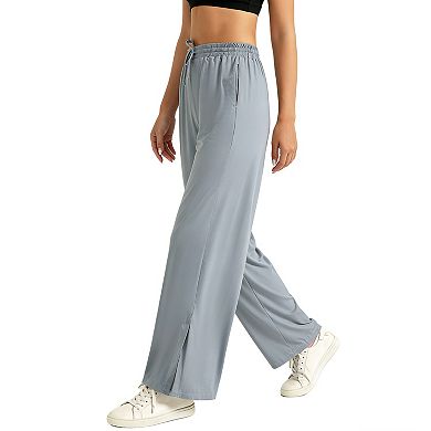 Women's Wide Leg Drawstring Active Pants with Side Slits - Lightweight Flowy Lounge Pants