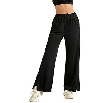 Women's Wide Leg Drawstring Active Pants with Side Slits - Lightweight Flowy Lounge Pants