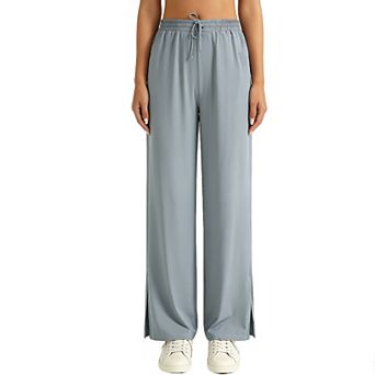 Women's Wide Leg Drawstring Active Pants with Side Slits - Lightweight Flowy Lounge Pants