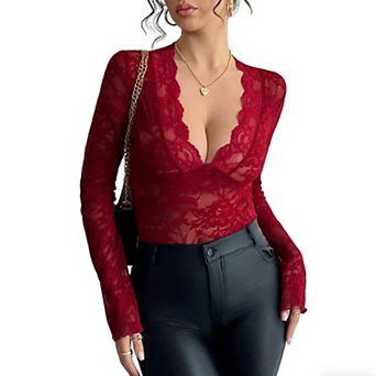 Women's Floral Lace Deep V Neck Flare Long Sleeve Top Sheer Slim Fitted Blouse Summer Casual Top