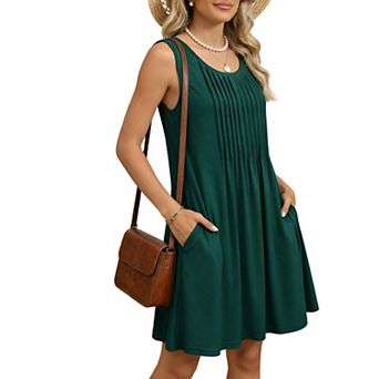 Women's Sleeveless Pleated Swing Pockets Dress - Round Neck Flowy A-Line Casual Summer Midi Dress