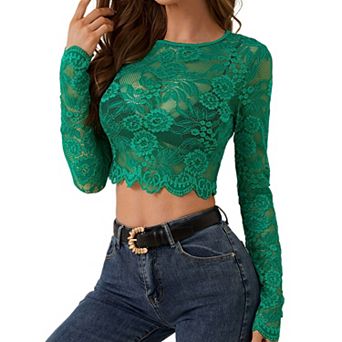 Women's Floral Sheer Lace Long Sleeve Summer Crop Top Round Neck Slim Fitted Blouse Casual Shirt