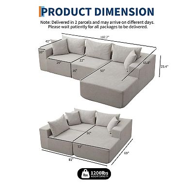 108"Modular Cloud Couch, L-Shape Left Chaise, Boneless Sofa Bed, No Assembly Required