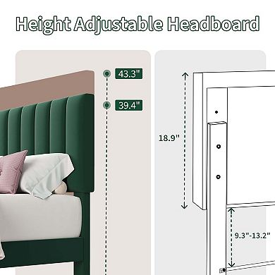 Bed Frame and Velvet Upholstered Headboard with Adjustable Vertical Channel Tufted Headboard