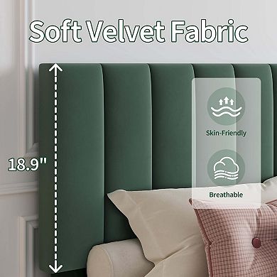 Bed Frame and Velvet Upholstered Headboard with Adjustable Vertical Channel Tufted Headboard