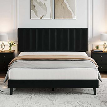 Bed Frame and Velvet Upholstered Headboard with Adjustable Vertical Channel Tufted Headboard