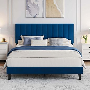 Bed Frame and Velvet Upholstered Headboard with Adjustable Vertical Channel Tufted Headboard