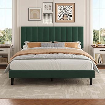 Bed Frame and Velvet Upholstered Headboard with Adjustable Vertical Channel Tufted Headboard