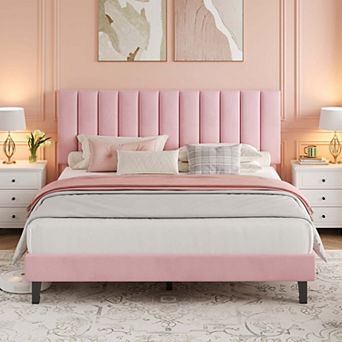 Bed Frame and Velvet Upholstered Headboard with Adjustable Vertical Channel Tufted Headboard