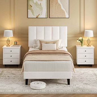 Bed Frame and Velvet Upholstered Headboard with Adjustable Vertical Channel Tufted Headboard