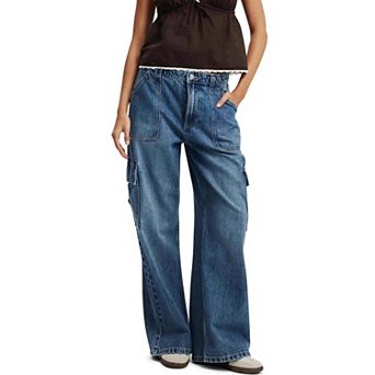 Women's Vintage Washed Wide Leg Cargo Jeans - High Rise Baggy 90s Denim Pants with Pockets