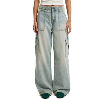 Women's Vintage Washed Wide Leg Cargo Jeans - High Rise Baggy 90s Denim Pants with Pockets
