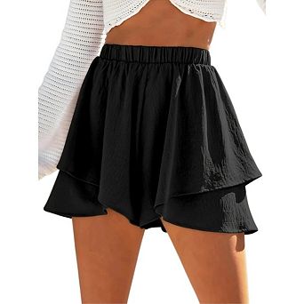 Womens Flowy Casual Boho Simple Ruffle Tiered High Waist Wide Leg Loose Beach Vacation Skorts