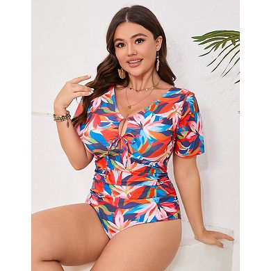 Women's Short Sleeve Swimwear One Piece Plus Size Swimsuit V Neck Tummy Control Bathing Suits