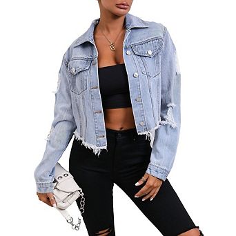 Women's Distressed Denim Jacket Y2K Button Down Cropped Jean Jacket Causal Ripped Frayed Coat