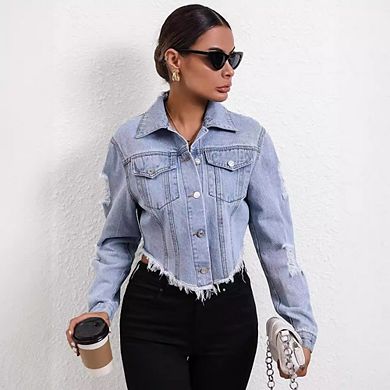 Women's Distressed Denim Jacket Y2K Button Down Cropped Jean Jacket Causal Ripped Frayed Coat