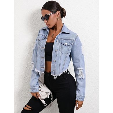 Women's Distressed Denim Jacket Y2K Button Down Cropped Jean Jacket Causal Ripped Frayed Coat