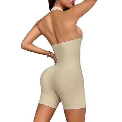 Women's Halter Neck Ribbed Bodycon Romper Sleeveless Backless Party Romper