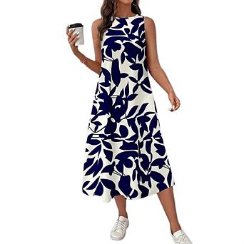 Women's Floral Sleeveless Sundress Crew Neck A Line Casual Business Midi Dress