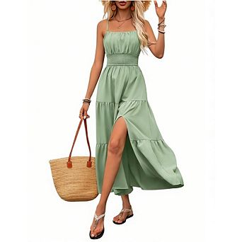 Women's Casual Boho Sundresses Sleeveless Spaghetti Strap Smocked Tiered Beach Dress