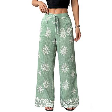 Women's Boho Wide Leg Pants - Drawstring Elastic Waist Flowy Palazzo Trousers with Pockets