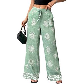 Women's Boho Wide Leg Pants - Drawstring Elastic Waist Flowy Palazzo Trousers with Pockets