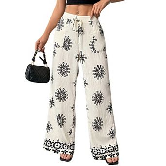 Women's Boho Wide Leg Pants - Drawstring Elastic Waist Flowy Palazzo Trousers with Pockets
