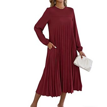 Women's Long Sleeve Pleated Midi Dress with Pockets - Round Neck Flowy Casual Dress (No Belt)