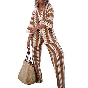 Women's Two-Piece Crochet Cover Up Set Button-Up Top with Matching Pants