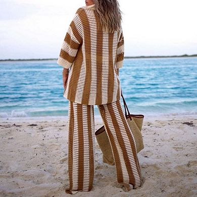 Women's Two-Piece Crochet Cover Up Set Button-Up Top with Matching Pants