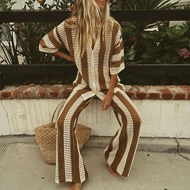 Women's Two-Piece Crochet Cover Up Set Button-Up Top with Matching Pants